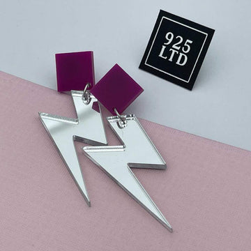 Handmade by 925Ltd Acrylic Earrings "Bowie" Silver Acrylic Lightning Bolt Earrings